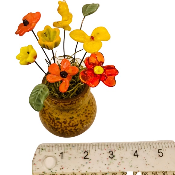Miniature Czech Glass Flowers in Pottery Vase 5” Midcentury Vintage Boho Orange - Picture 10 of 12